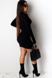 Black Polyester OL Cap Sleeve Long Sleeves O neck Step Skirt skirt Solid chain