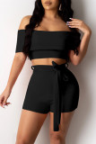 Black Sexy Casual Solid Backless Bateau Neck Short Sleeve Two Pieces