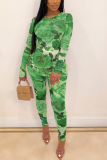 Green Sexy Casual Print Split Joint O Neck Long Sleeve Two Pieces