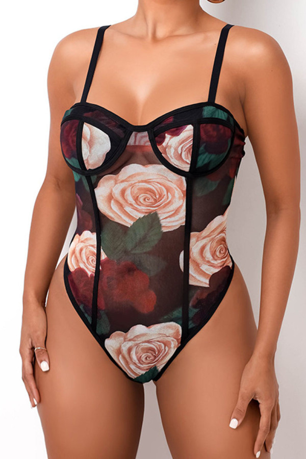 Black Sexy College Print Floral Spaghetti Strap Regular Bodysuits