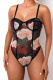 Black Sexy College Print Floral Spaghetti Strap Regular Bodysuits