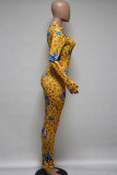 Yellow Fashion Daily Adult Print Leopard Butterfly Print O Neck Skinny Jumpsuits
