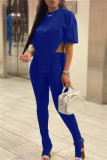 Red Fashion Casual Solid Slit Asymmetrical O Neck Short Sleeve Two Pieces