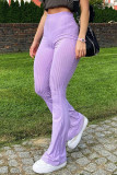 Purple Casual Solid Boot Cut High Waist Trousers