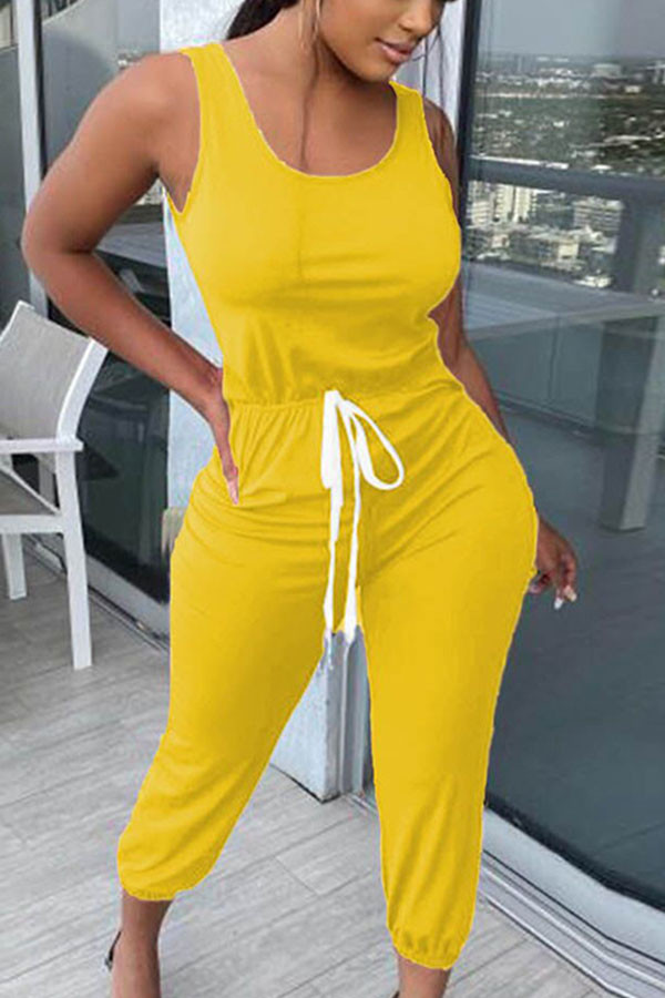 Yellow Fashion Sexy Solid Patchwork Spaghetti Strap Regular Jumpsuits