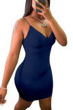 Navy Blue Milk. Fashion Casual adult Ma'am Spaghetti Strap Sleeveless V Neck Step Skirt Knee-Length Solid Draped Dresses