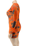 Orange Polyester Fashion Sexy adult Ma'am O Neck Print Mesh asymmetrical Plus Size