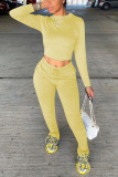 Yellow Polyester Fashion Solid pencil Long Sleeve Two Pieces