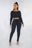 Black Casual Fashion adult Patchwork Bandage Solid Two Piece Suits pencil Long Sleeve Two-piece Pa