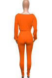 Orange Polyester Active Europe and America Street Solid Skinny Long Sleeve Two Pieces