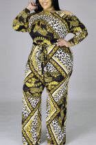 Yellow Casual Knitting Print Split Joint Oblique Collar Regular Plus Size Jumpsuits