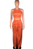 Orange Polyester Street Solid Loose Short Sleeve Two Pieces