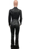 Black Sexy Draped zipper Solid PU Long Sleeve Turndown Collar