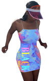 Pink Polyester Fashion Sexy adult Pink Yellow Light Blue Spaghetti Strap Sleeveless Slip Step Skirt Mini Print Patchwork Character Tie and dye Dresses