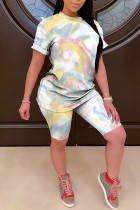 Yellow Polyester Fashion Casual adult Ma'am Patchwork Print Tie Dye Gradient Two Piece Suits pencil Short Sleeve Two Pieces