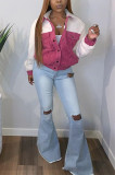 Pink Fashion Casual Patchwork Cardigan Turndown Collar Outerwear