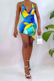 Blue Sexy Print Patchwork V Neck Irregular Dress Dresses