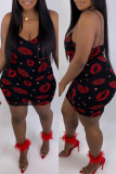 Black Fashion Sexy Lips Printed Backless O Neck Sling Dress