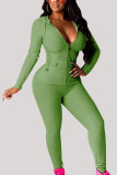 Green Fashion Casual Adult Solid Cardigan Hooded Collar Long Sleeve Regular Sleeve Regular Two Pieces