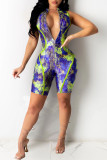 Blue Fashion Casual Print Basic Zipper Collar Regular Rompers