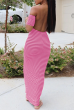 Pink Sexy Print Patchwork Off the Shoulder Pencil Skirt Dresses