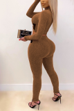 Coffee Casual Solid Patchwork Mesh Half A Turtleneck Long Sleeve Two Pieces