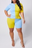 Yellow and blue Polyester Fashion Casual adult Ma'am O Neck Patchwork Solid contrast color Two Piece Suits Stitching Plus Size