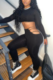 Black Work Daily Solid O Neck Long Sleeve Two Pieces