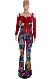 Wine Red Street Print Strapless Long Sleeve Two Pieces