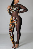 Leopard Print Fashion Sexy Patchwork Print See-through Skinny Jumpsuits