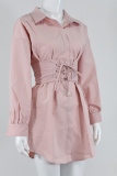 Pink Sexy Solid Patchwork Turndown Collar Waist Skirt Dresses