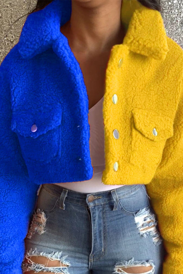 Blue Yellow Work Daily Solid Patchwork Turndown Collar Outerwear
