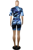 Black Casual Patchwork Tie-dye O Neck Half Sleeve Two Pieces