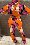 Orange Street Print Patchwork Hooded Collar Long Sleeve Two Pieces