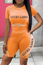 Orange Sexy Print Letter O Neck Short Sleeve Two Pieces
