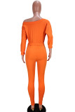Orange Casual Polyester Twilled Satin Solid Frenulum With Belt Boat Neck Straight Jumpsuits