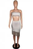 Grey Polyester Fashion Solid tassel backless Two Piece Suits crop top Skinny Sleeveless Two-Piece Dress