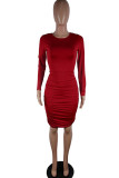 Wine Red Milk. Sexy Cap Sleeve Long Sleeves O neck Step Skirt skirt backless Solid Draped 