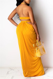 Rose Red Fashion Sexy Solid Hollowed Out Backless Slit Halter Sleeveless Dress