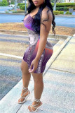 Blue Fashion Sexy Print Backless Strapless Skinny Romper
