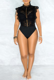 Red Fashion Sexy Solid Hollowed Out See-through O Neck Skinny Bodysuits