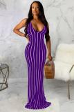 Wine Red Sexy Fashion Spaghetti Strap Sleeveless Slip Straight Floor-Length Solid Striped Casual D