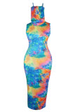 Blue Polyester Fashion Sexy adult Blue Orange Yellow purple Off The Shoulder Sleeveless Turtleneck Step Skirt Ankle-Length Print Patchwork Tie and dye Dresses