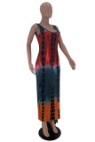 Burgundy Sexy Casual Tie Dye Printing U Neck Vest Dress
