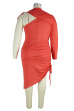 Tangerine Red Fashion Sexy Plus Size Solid Hollowed Out O Neck Irregular Dress