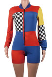 Multi-color Polyester Elastic Fly Long Sleeve Mid Patchwork Asymmetrical Loose shorts Two-piece suit