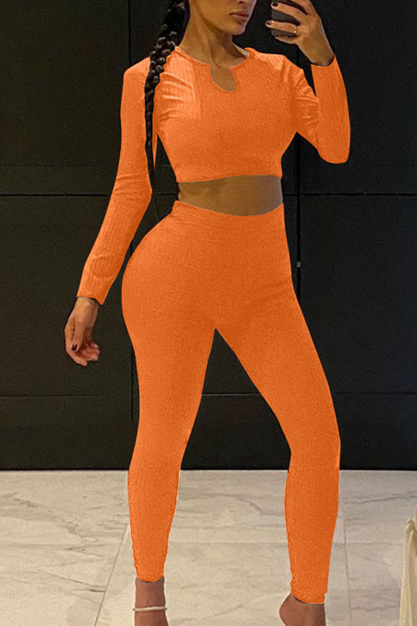 Orange Sexy Solid U Neck Long Sleeve Two Pieces