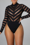 Black Fashion Sexy Patchwork See-through Half A Turtleneck Skinny Romper
