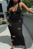 Black Fashion Sexy Solid Ripped Hollowed Out V Neck Vest Dress