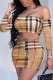 Khaki Sexy Print Patchwork Strapless Long Sleeve Two Pieces